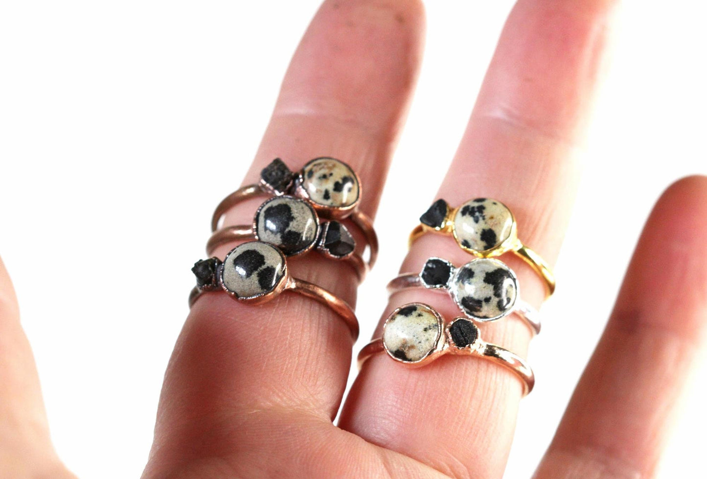 Dalmatian Jasper Ring - Raw Black Onyx - Gold Vermeil Jewelry