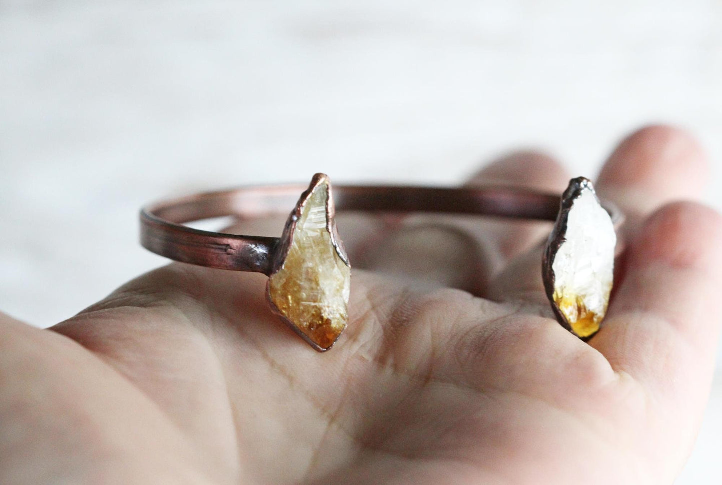 Citrine Bracelet - Open Copper Cuff - Raw Crystal Bracelet - Double Stone Bracelet