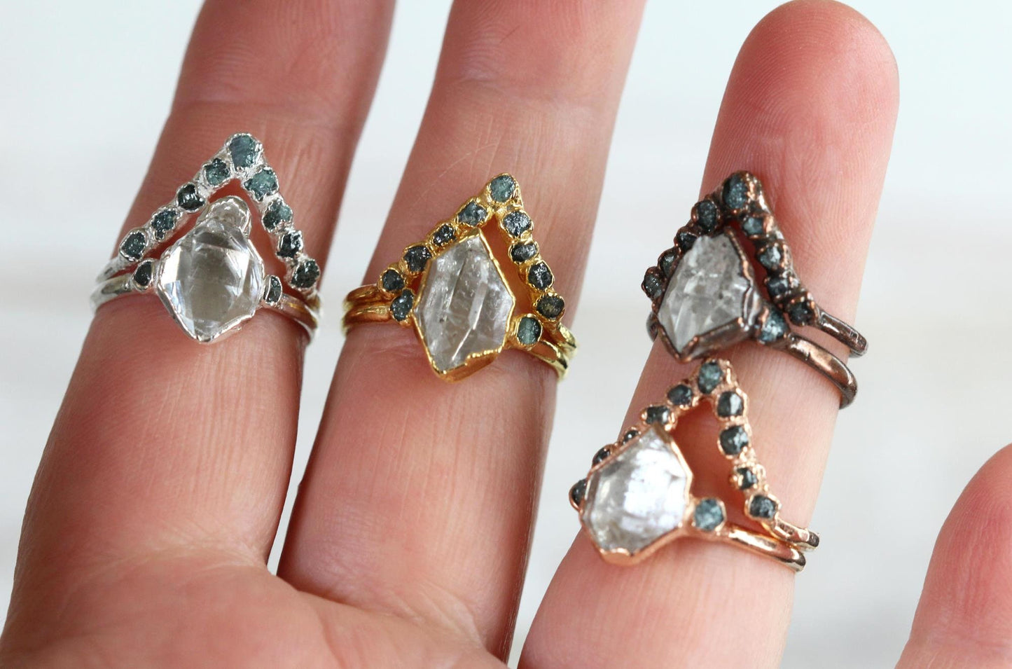 Raw Diamond Wedding Ring Set - Blue Diamond Engagement Ring - Herkimer Wedding Ring - Conflict Free Diamond Wedding Ring