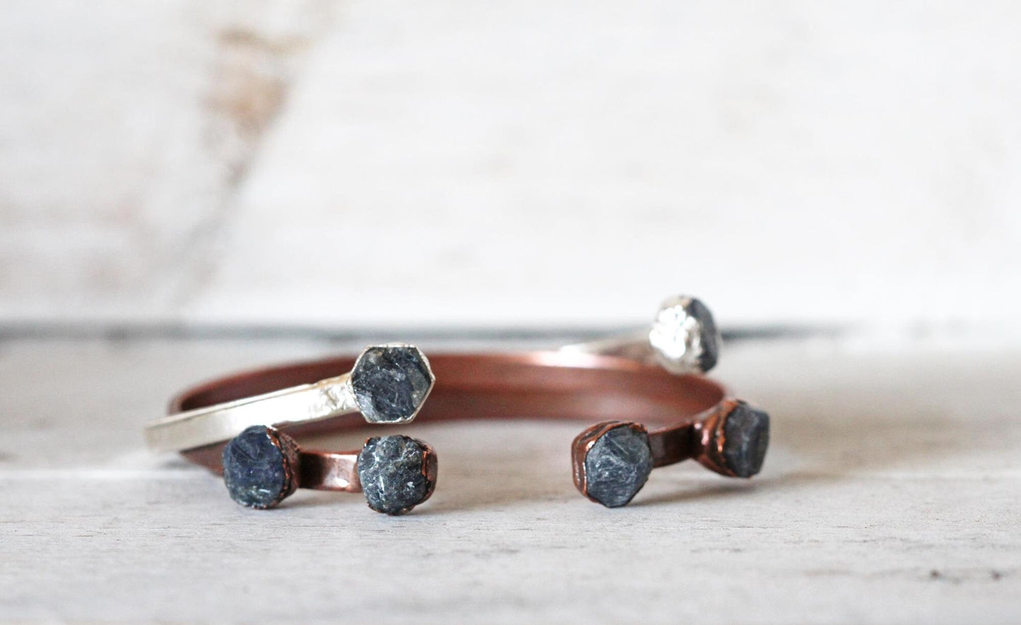 Raw Sapphire Bracelet - September Birthstone - Open Copper Cuff - Raw Crystal Bracelet - Double Stone Bracelet