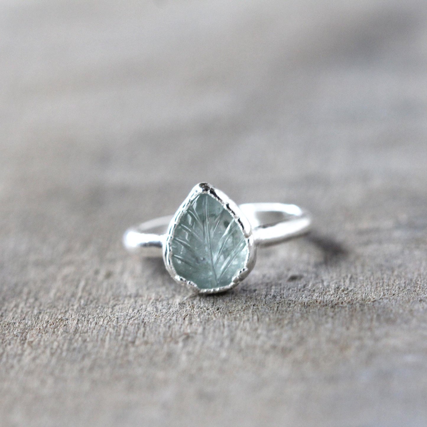 Aquamarine Leaf Ring - Carved Crystal - March Birthstone Jewelry