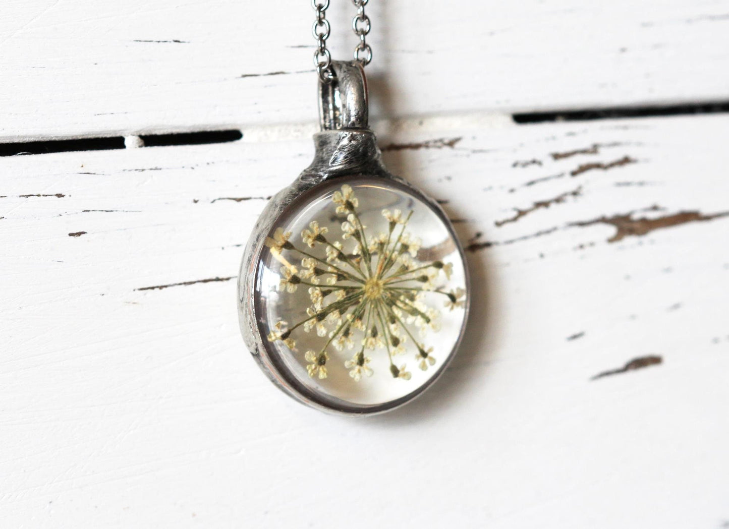 Queen Anne's Lace Necklace - Bridesmaid Gift - Flower Terrarium Pendant - Spring Jewelry
