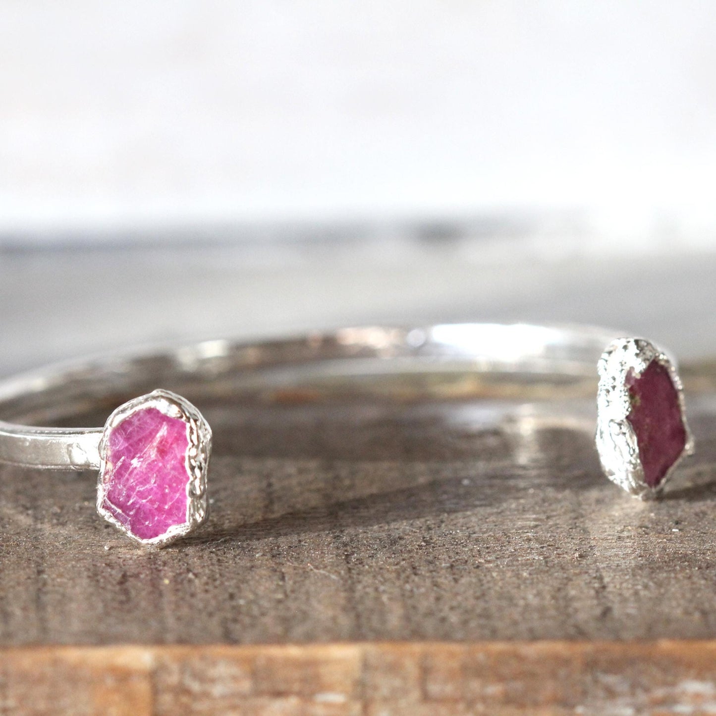 Raw Ruby Bracelet - July Birthstone - Open Copper Cuff - Raw Crystal Bracelet - Double Stone Bracelet