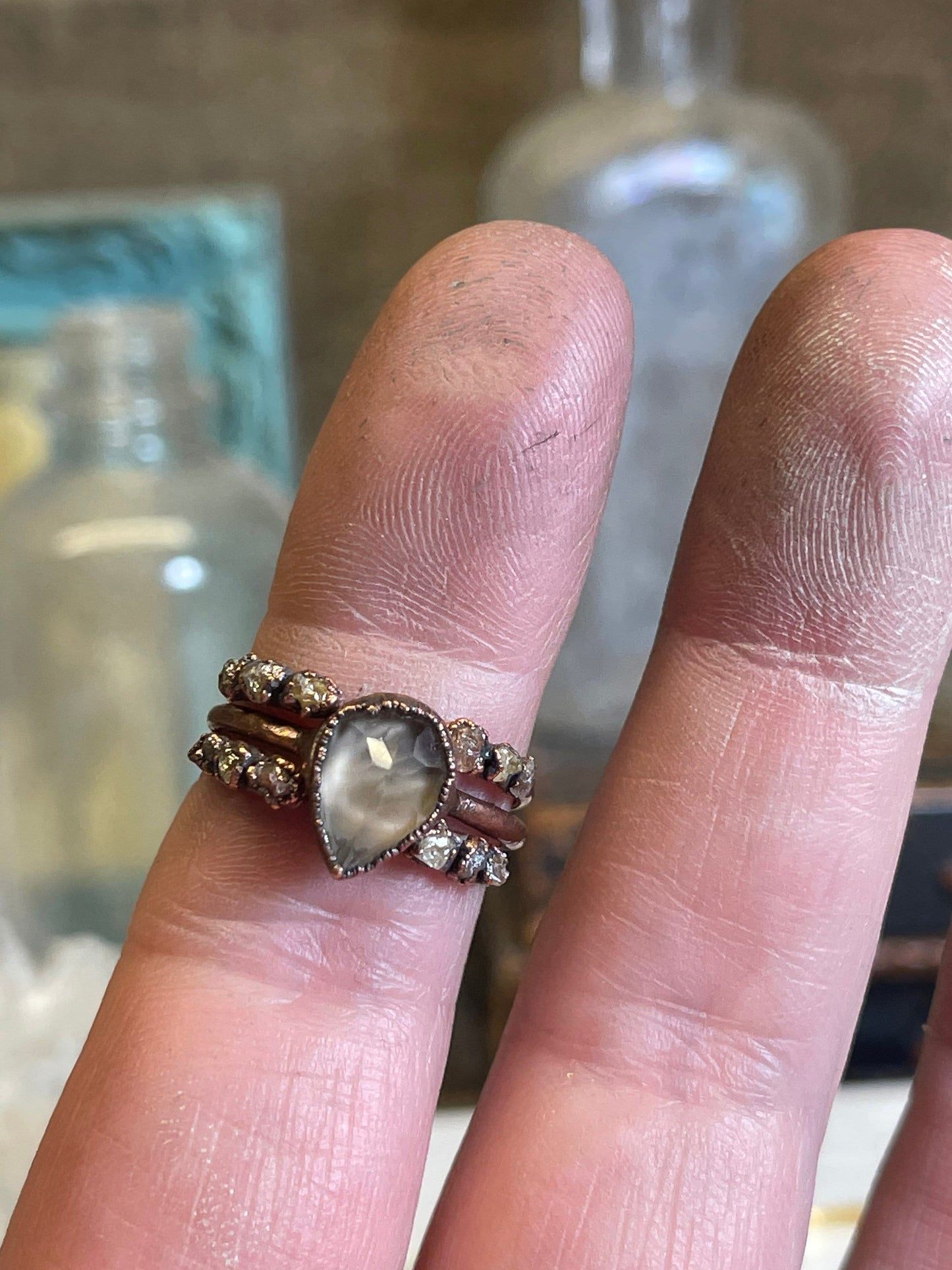 Raw Diamond Wedding Set - Engagement Set - Alternative Wedding Jewelry - Faceted Smoky Quartz Ring