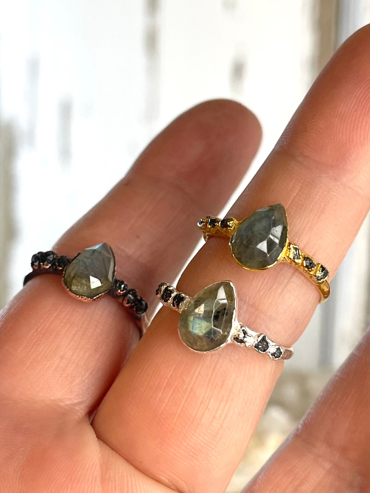 Labradorite Ring - Raw Diamond Promise Ring - March Birthstone