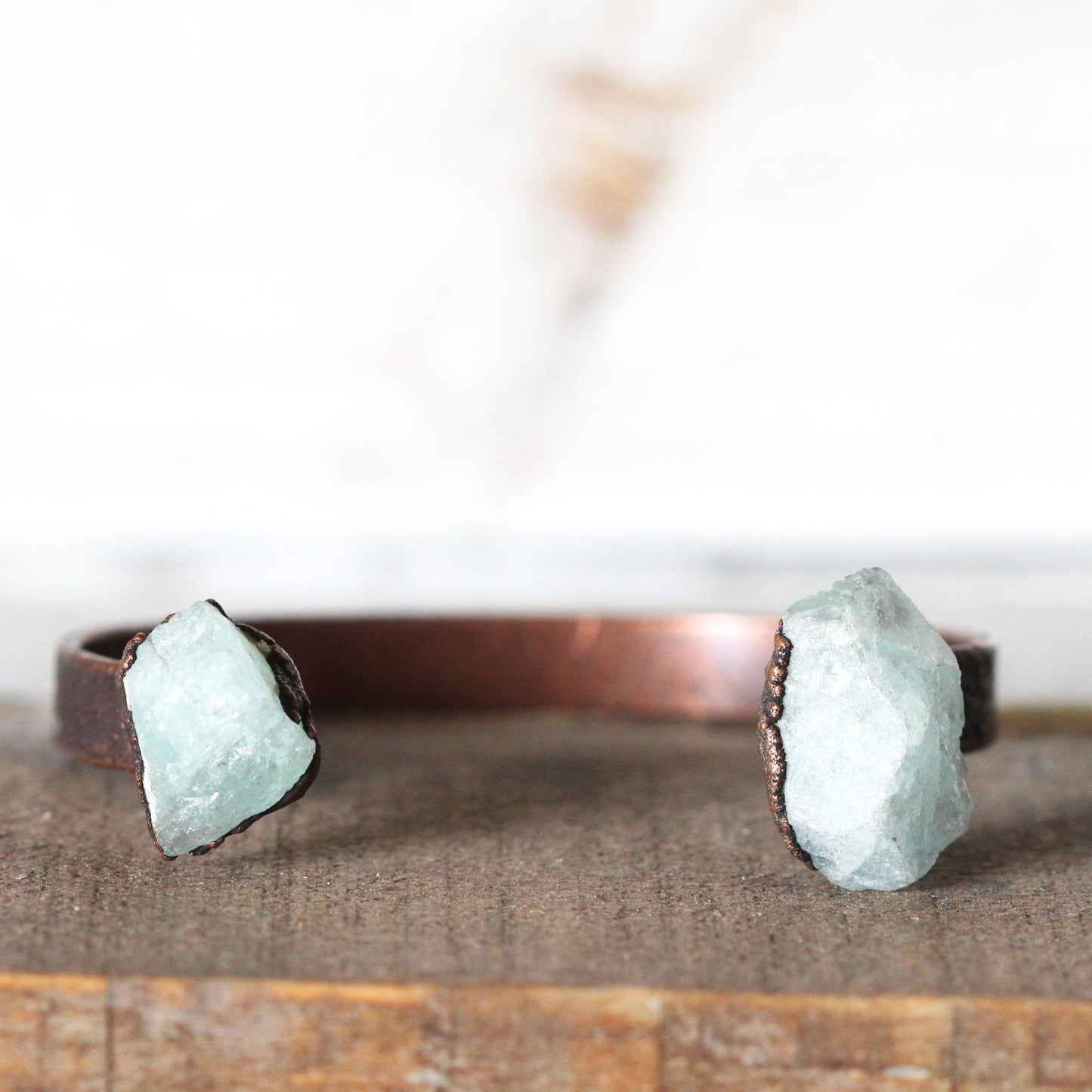 Raw Aquamarine Bracelet - Open Copper Cuff - Crystal Bracelet