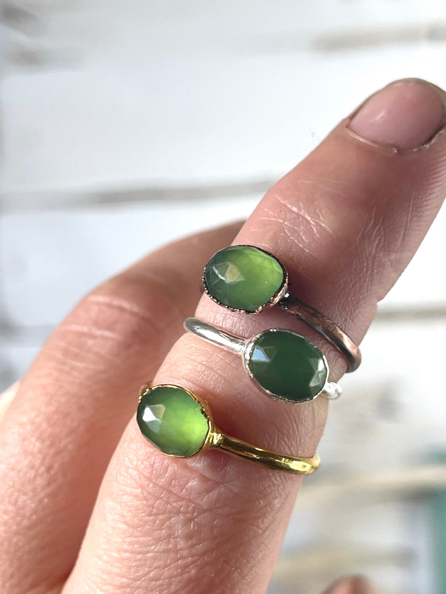 Serpentine Ring - Faceted Green Stone - Stacking Ring