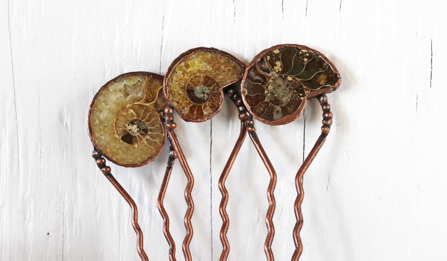 Ammonite Hair Fork - Copper Hair Jewelry - Fossilized Hair Accessory