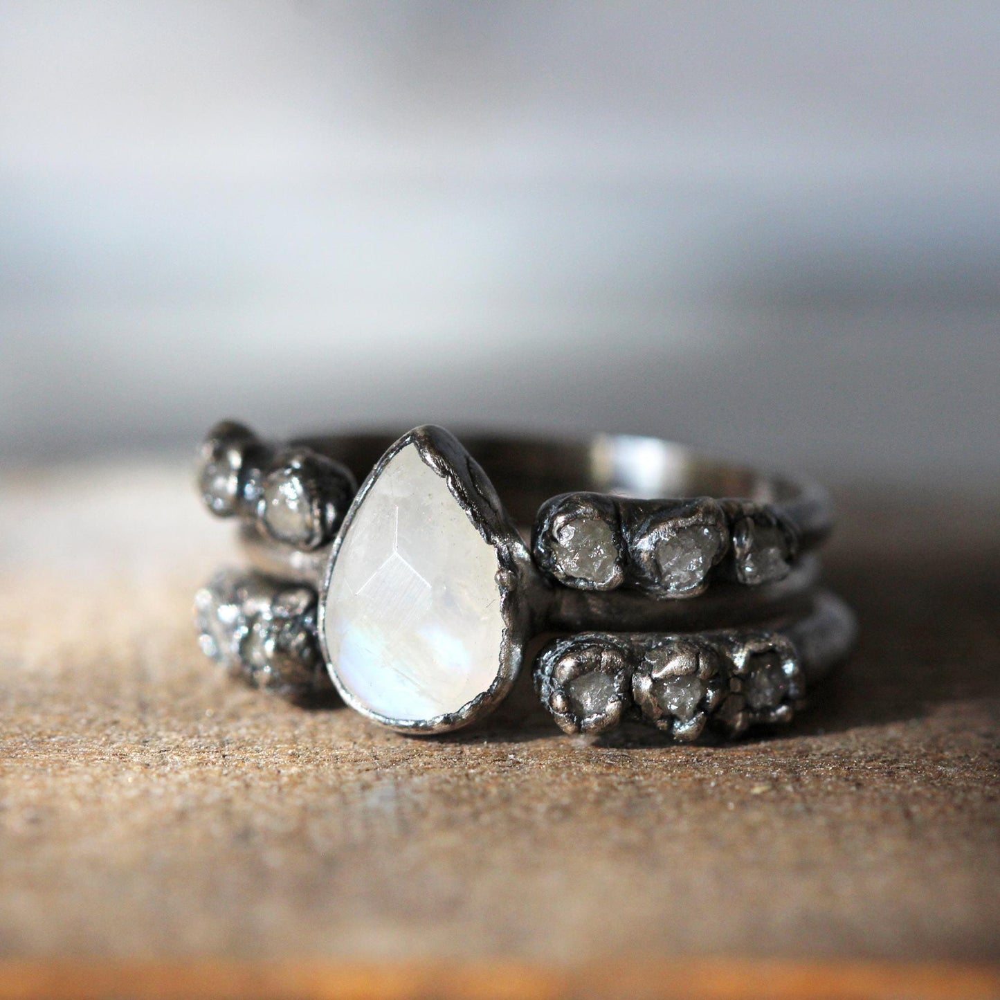 Moonstone Engagement Set - Raw White Diamond Ring - Alternative Wedding Jewelry