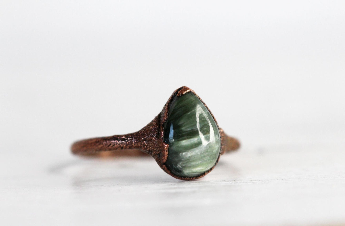 Seraphinite Ring - Electroformed Stacking Ring - Teardrop Stone