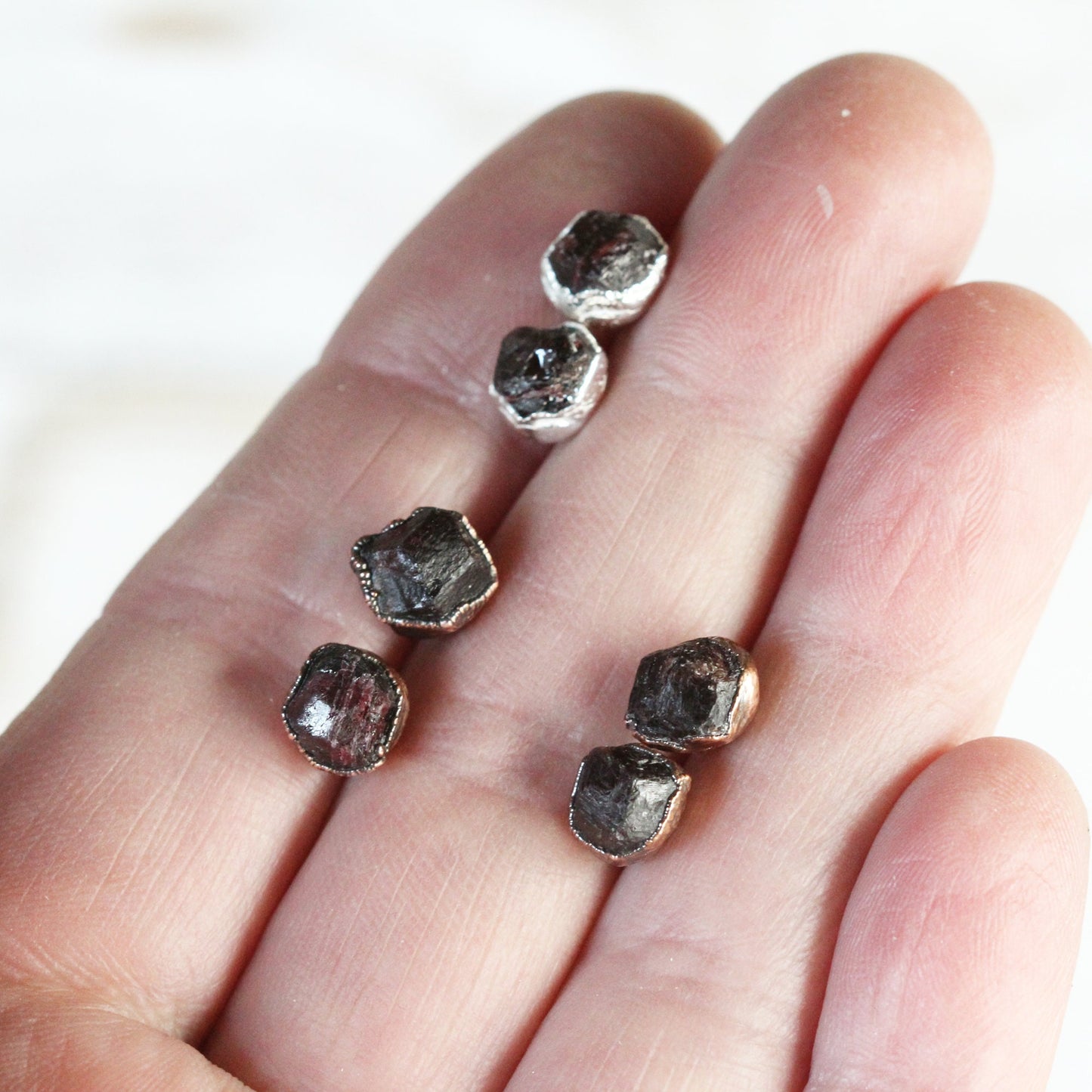 Raw Garnet Earrings - Raw Stone Posts - Sterling Silver Stud Earrings - January Birthstone