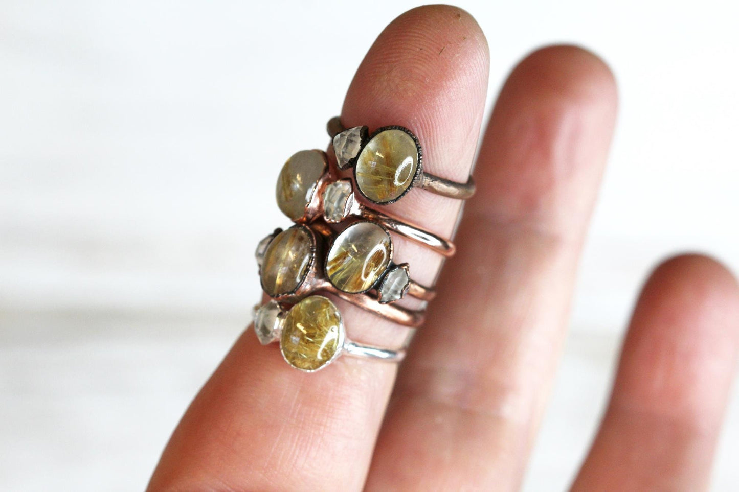 Rutilated Quartz Ring - Polished Golden Rutilated Cabochon - Herkimer Diamond