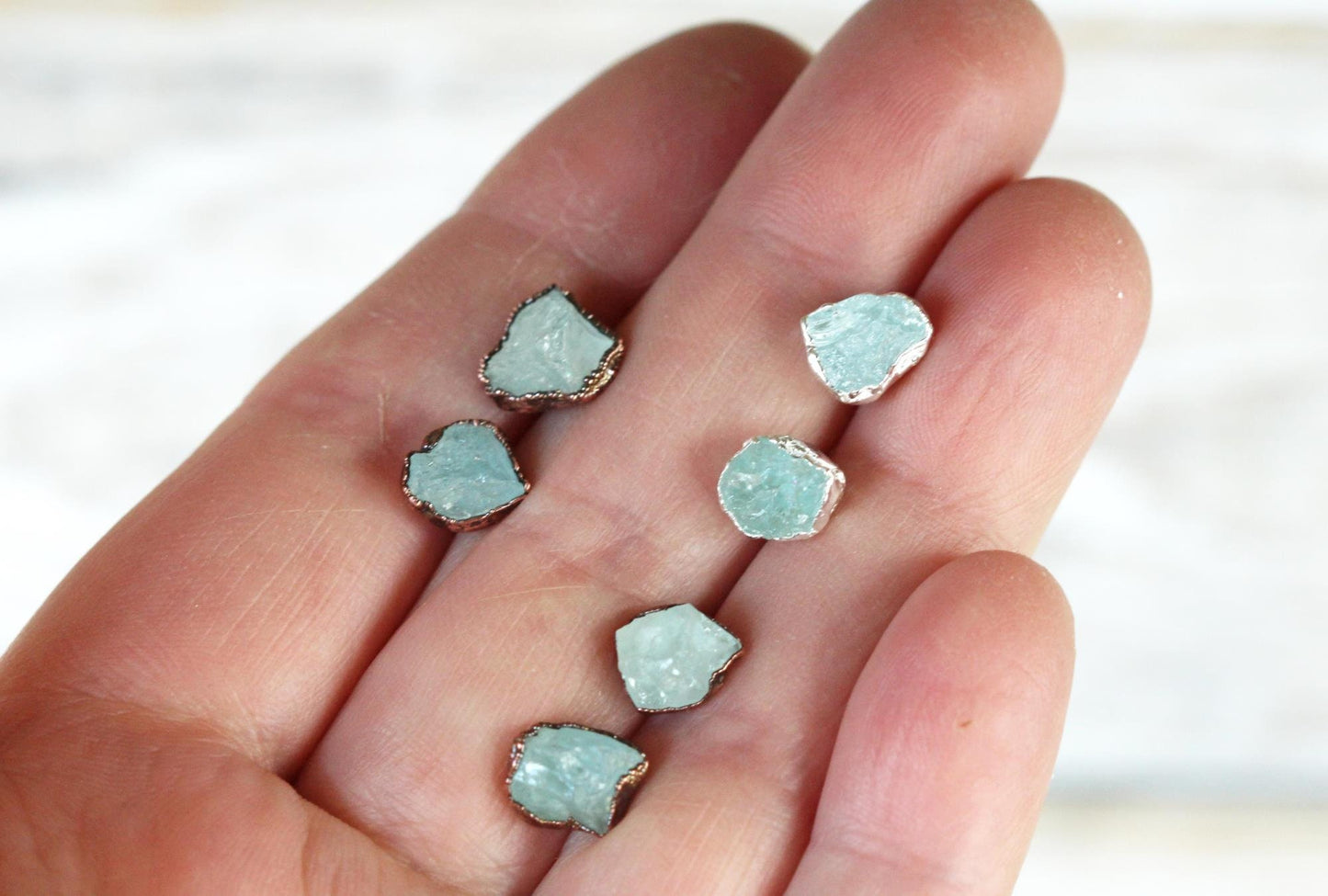 Aquamarine Post Earrings - Raw Crystal Earrings - Crystal Stud Earrings - March Birthstone Jewelry