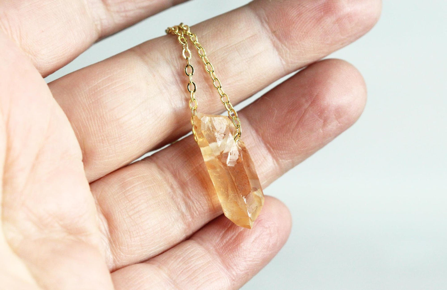 Tangerine Quartz Necklace - Raw Crystal Pendant - Beaded Stone