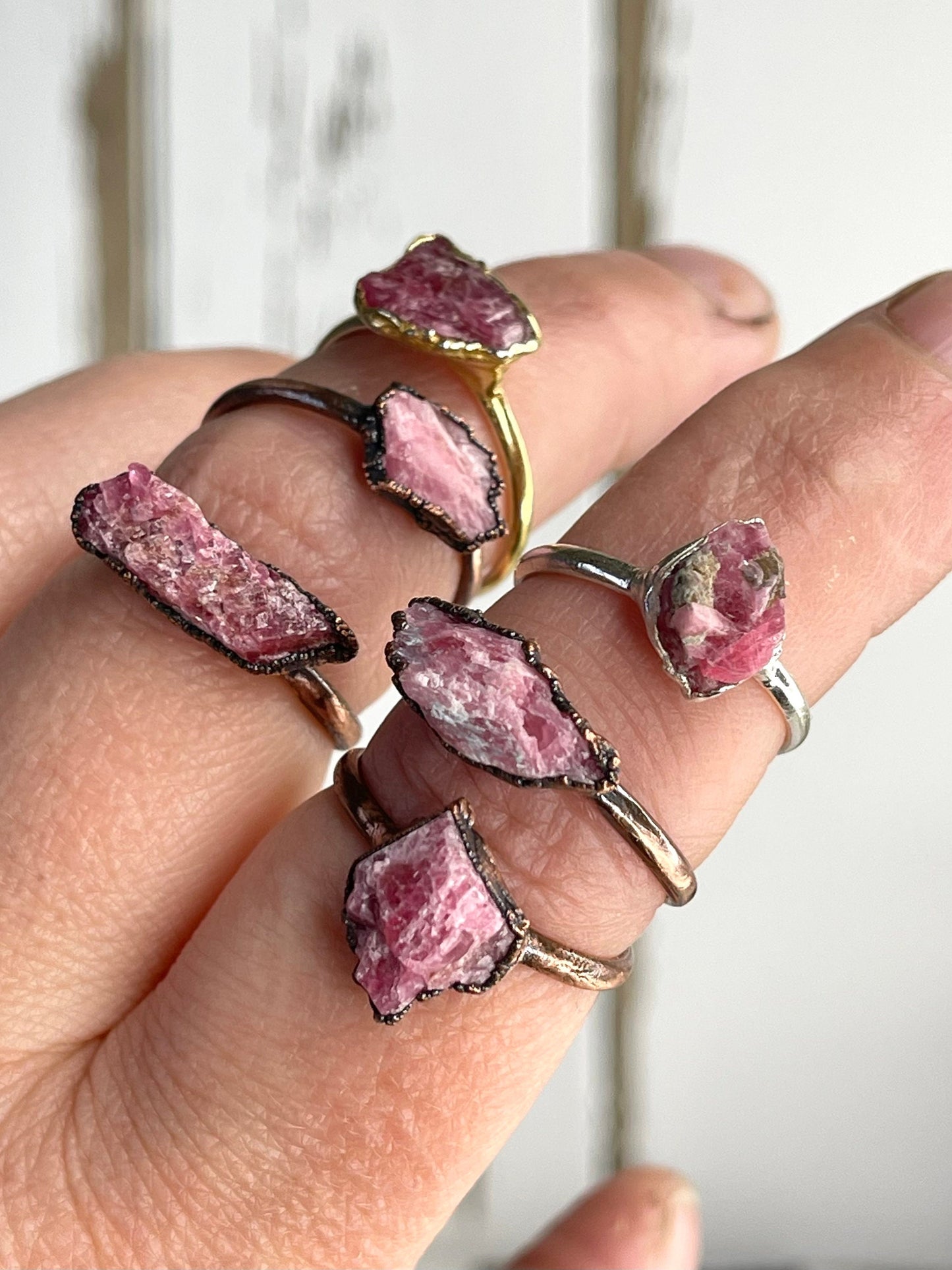 Rhodonite Ring - Raw Pink Crystal - Solitaire Ring - Electroformed Jewelry