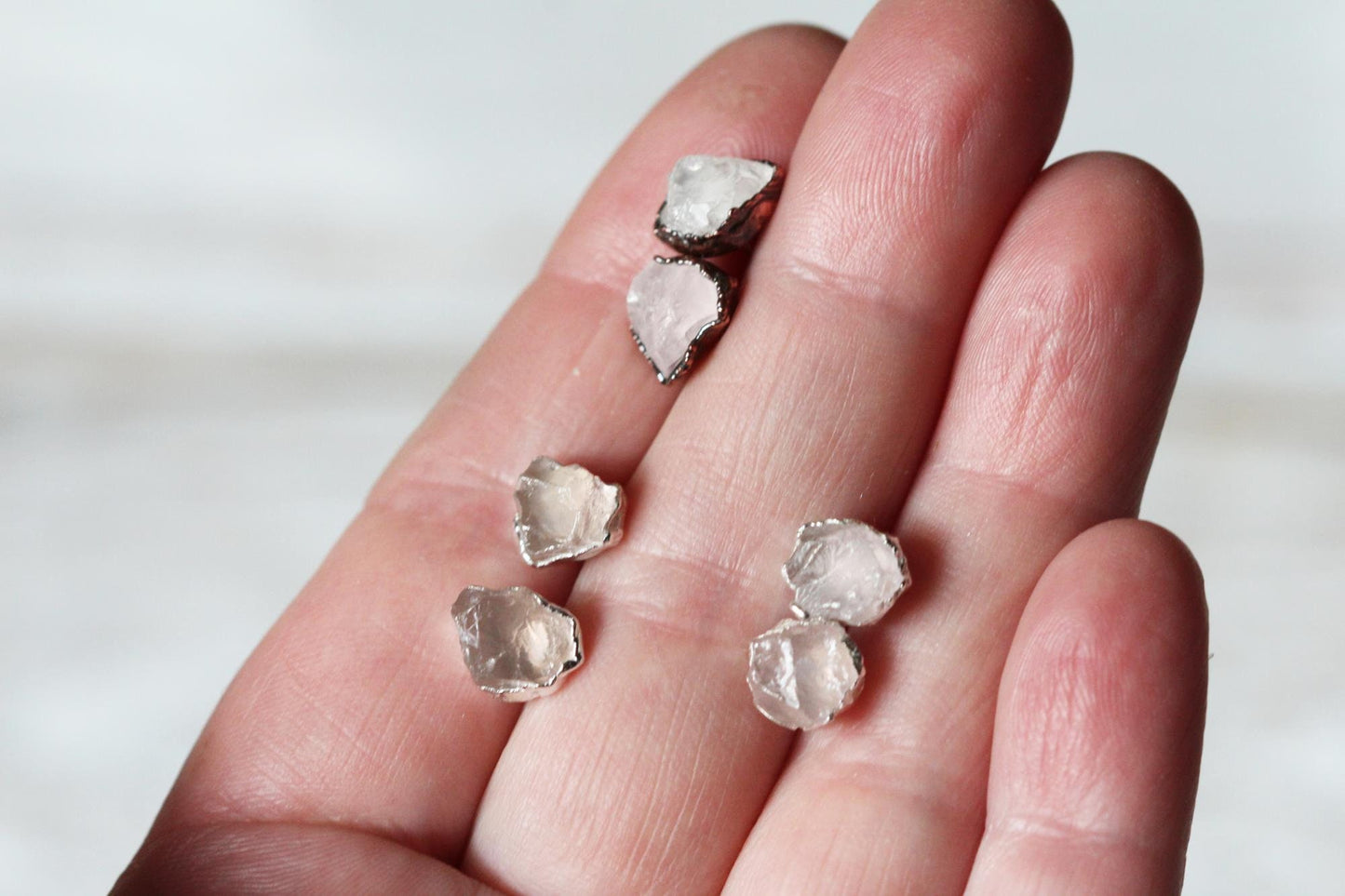 Rose Quartz Earrings - Pink Stone Posts - Raw Crystal Earrings - Sterling Silver Stud Earrings - Copper Jewelry