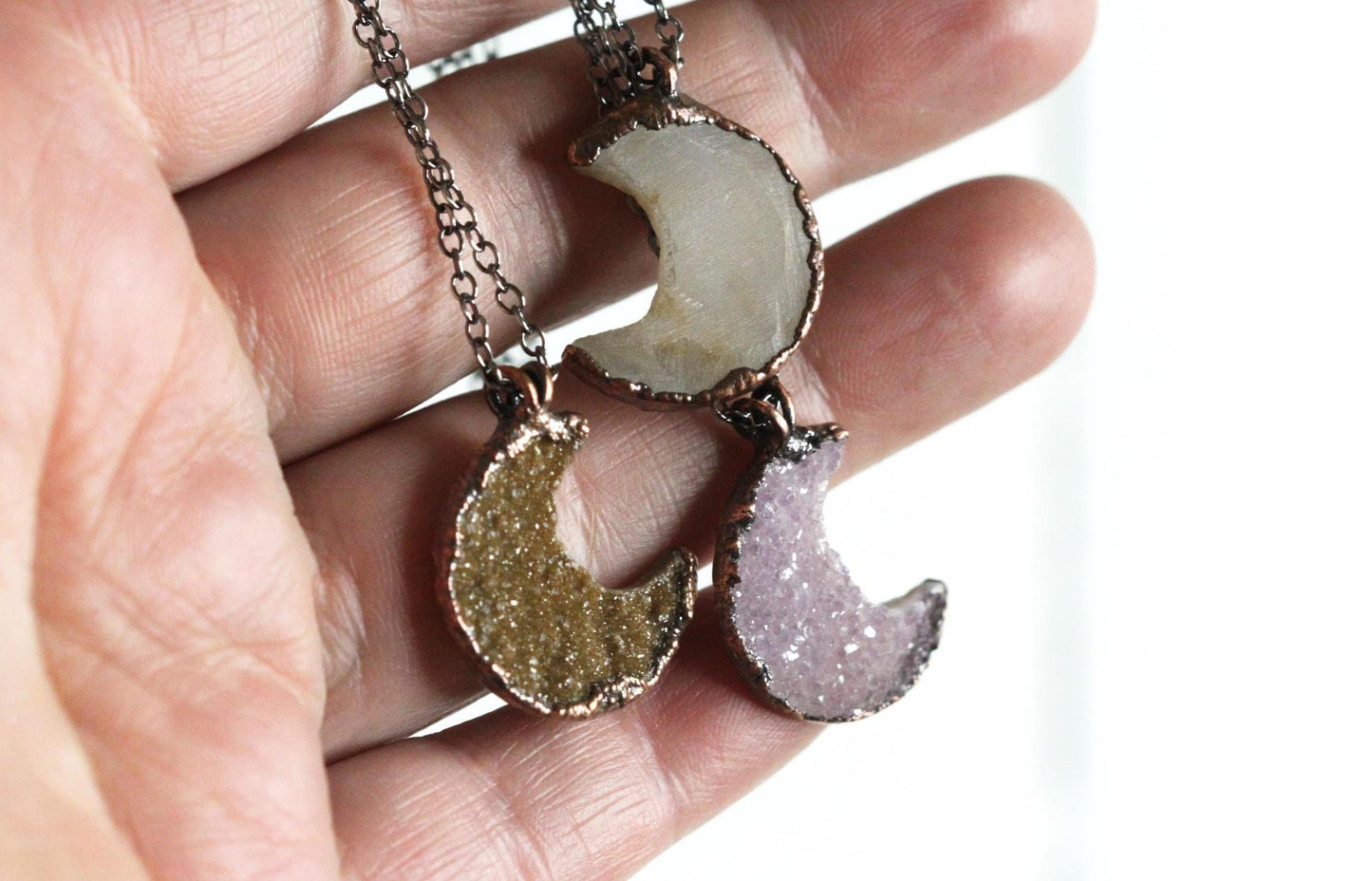 Half Moon Necklace - Drusy Crescent Moon Pendant - Half Moon Jewelry