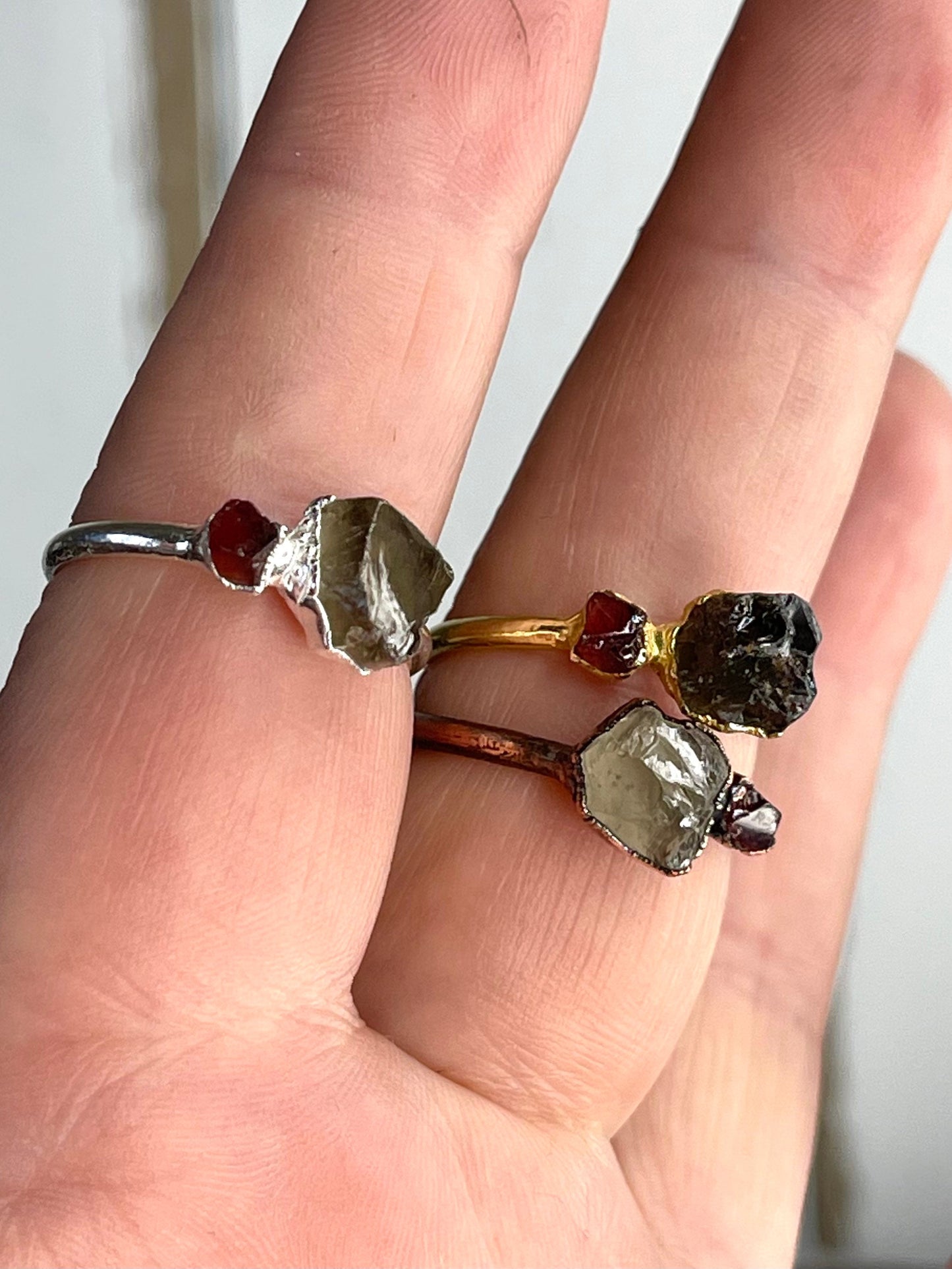 Raw Smoky Quartz Ring - Double Stone - Raw Garnet - Pure Silver Jewelry