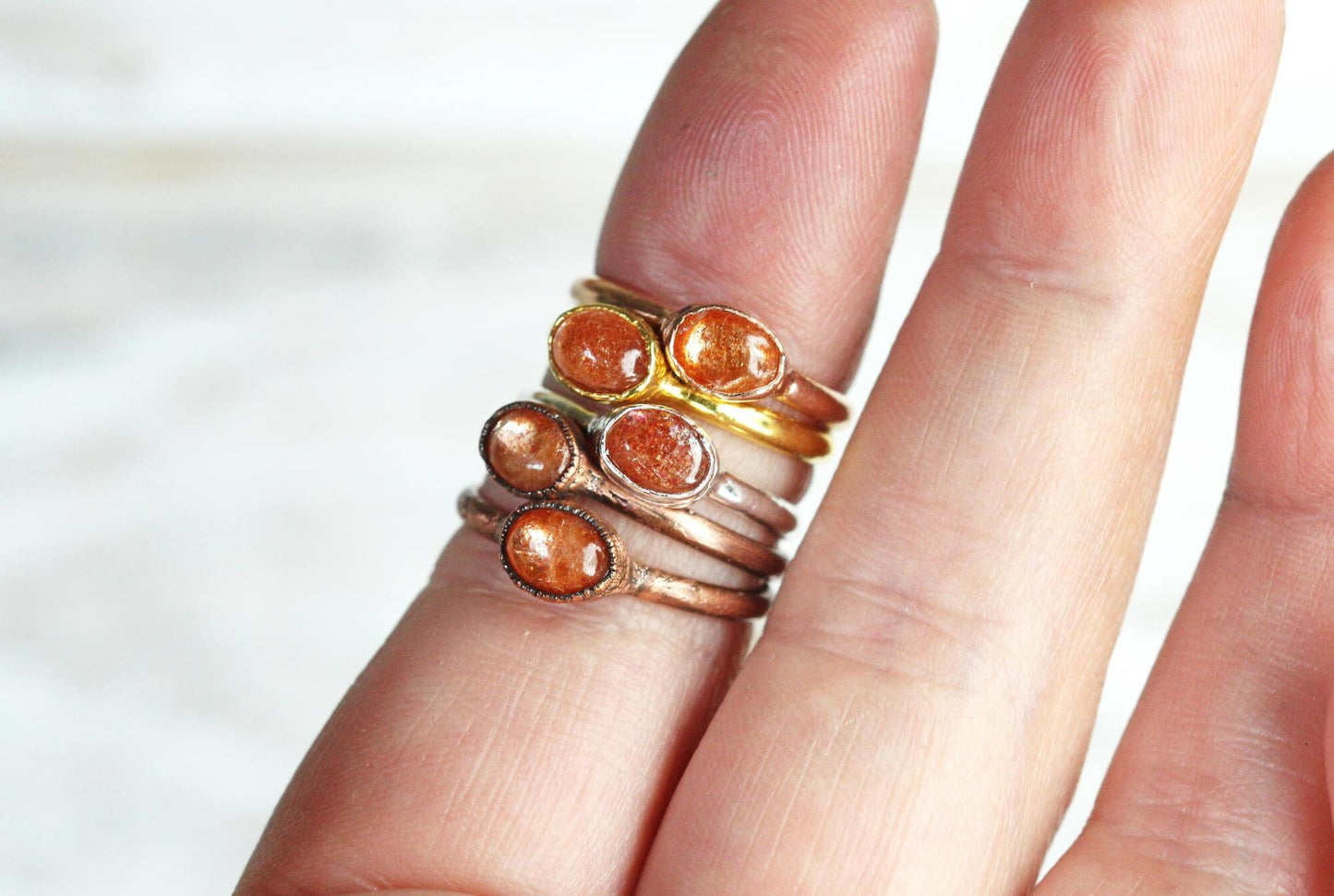 Polished Sunstone Ring - Simple Stacking Ring - Orange Gemstone
