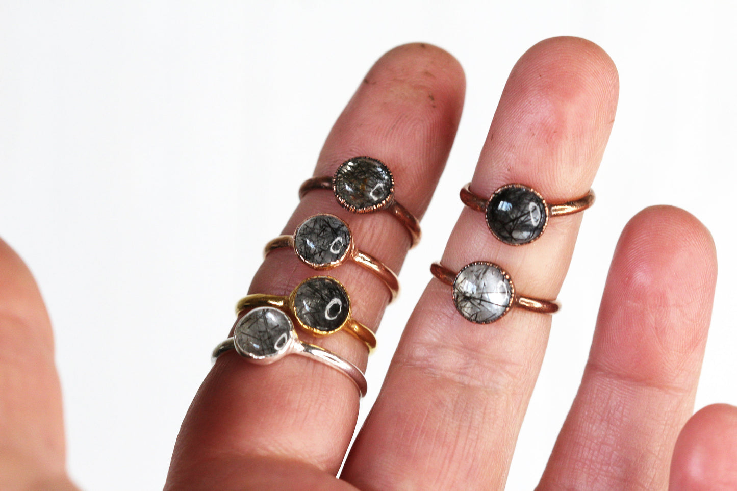 Rutilated Quartz Ring - Black Rutile Ring - Round Polished Stone