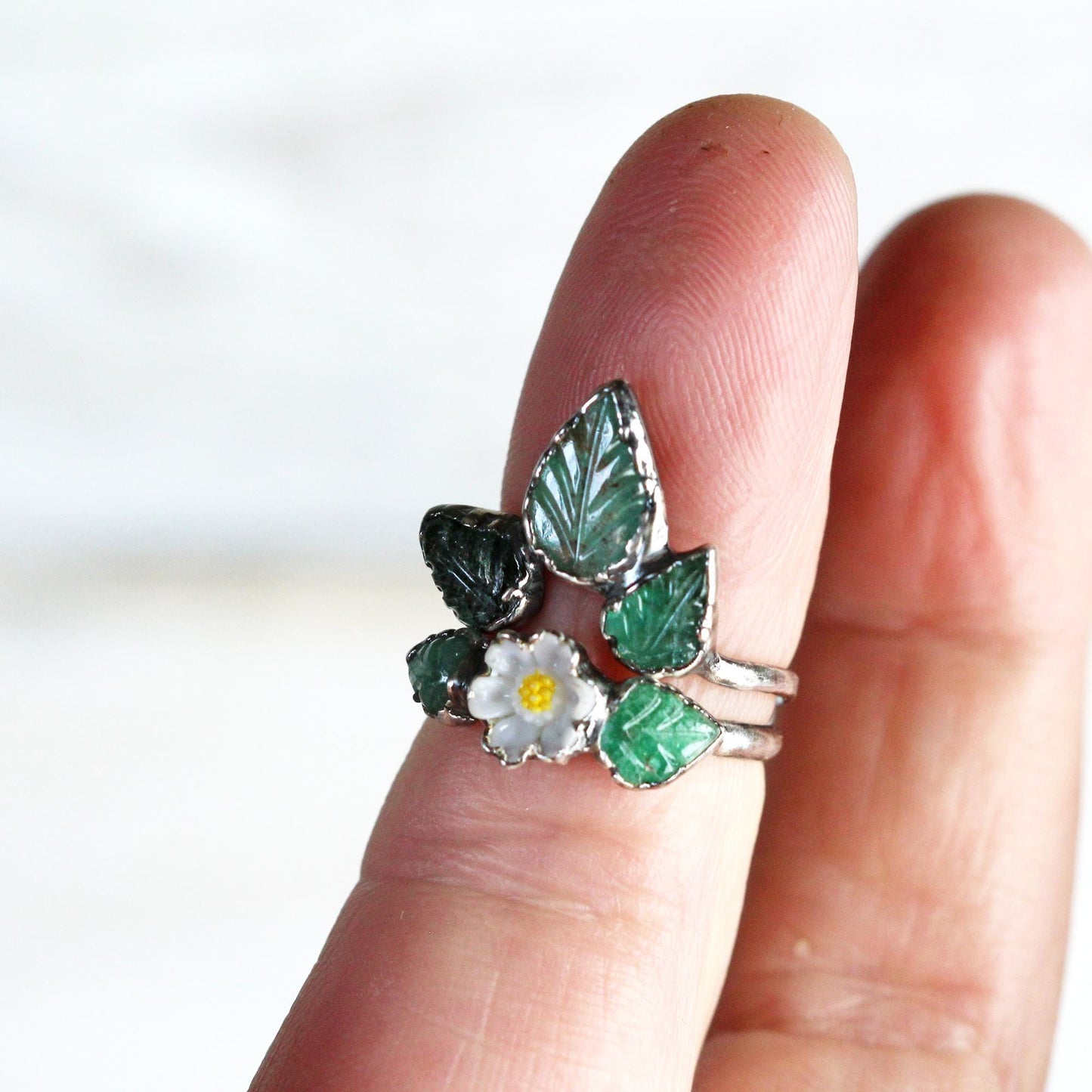 Emerald Wedding Ring Set - Floral Theme - Spring Wedding