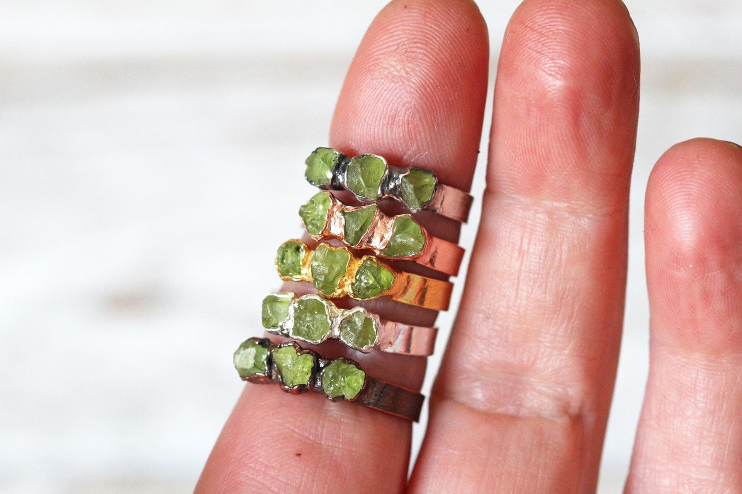 Raw Peridot Ring - August Birthstone - Wide Band - Multi Stone Ring