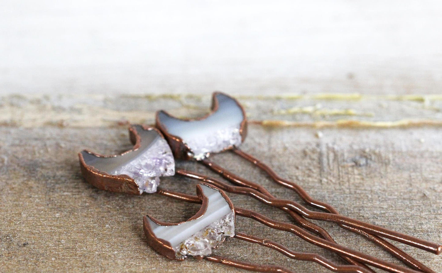 Amethyst Hair Pin - Small Hair Pin - Moon Hair Comb - Druzy Amethyst Slice