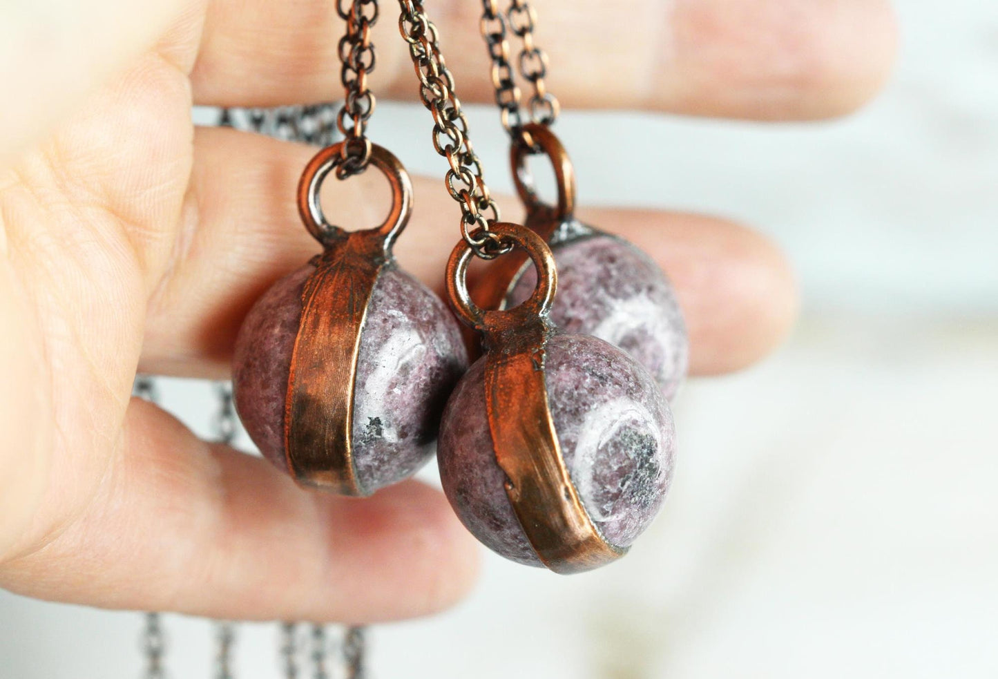 Lepidolite Necklace - Sphere Pendant - Electroformed Copper Jewelry