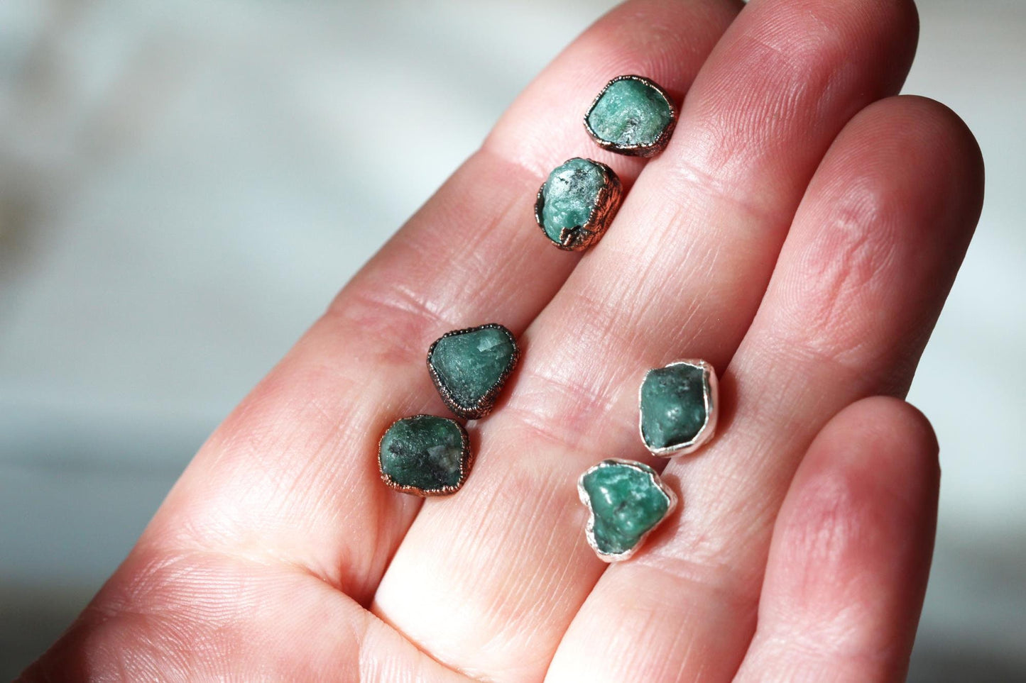 Emerald Earrings - Green Stone Posts - Sterling Silver Studs - Electroformed Crystal Earrings
