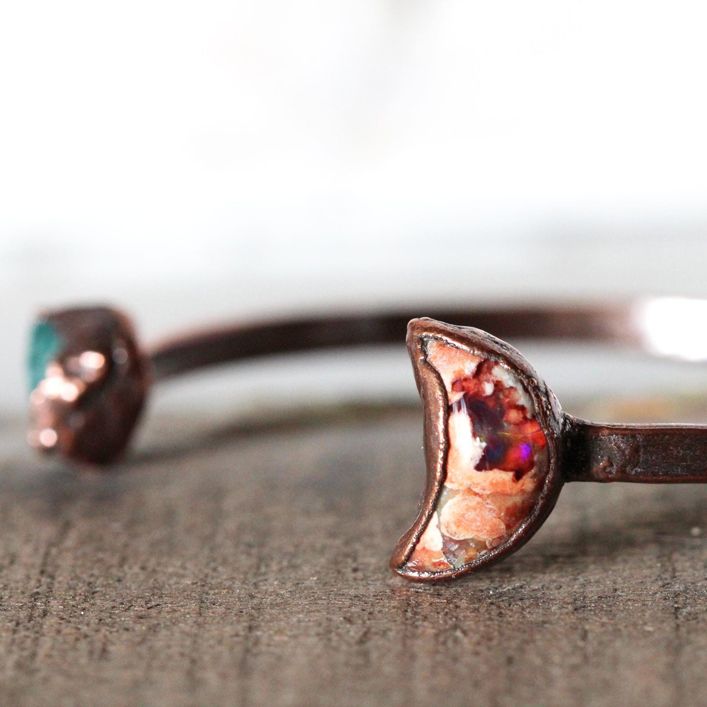 Mexican Opal Bracelet - Crescent Moon Cuff - Blue Apatite Bracelet