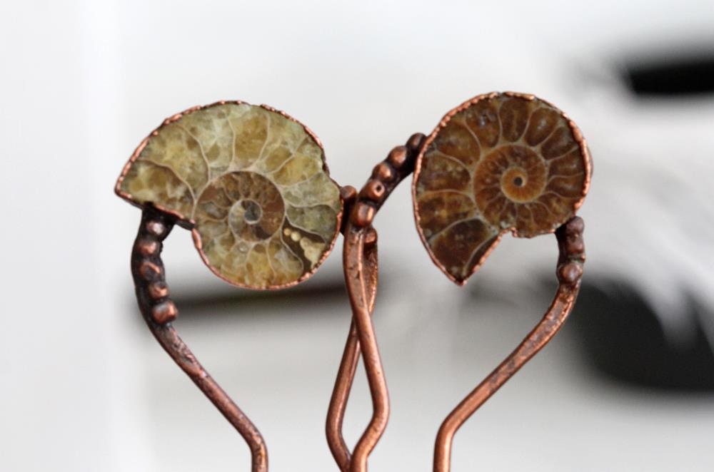 Ammonite Hair Fork - Copper Hair Jewelry - Fossilized Hair Accessory