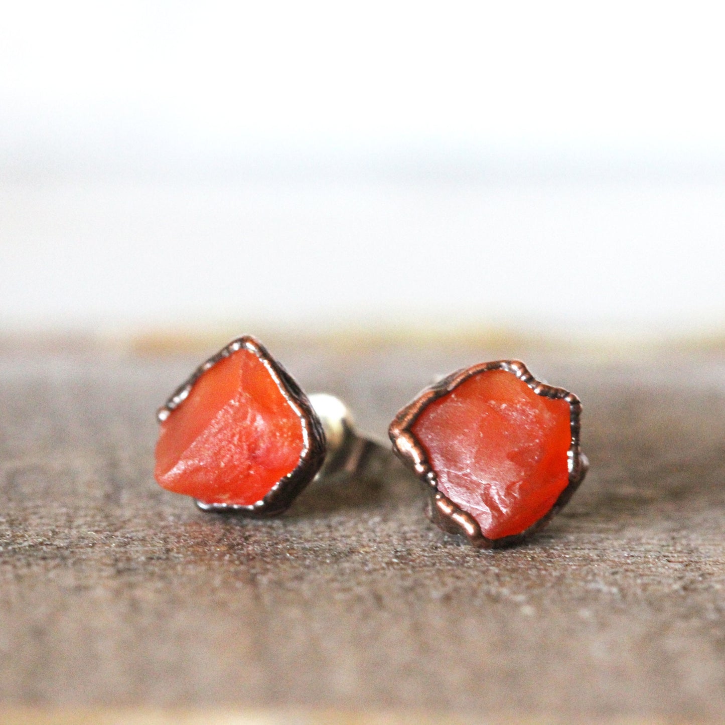 Carnelian Earrings - Sterling Silver Earrings - Rough Stone Studs - Crystal Earrings