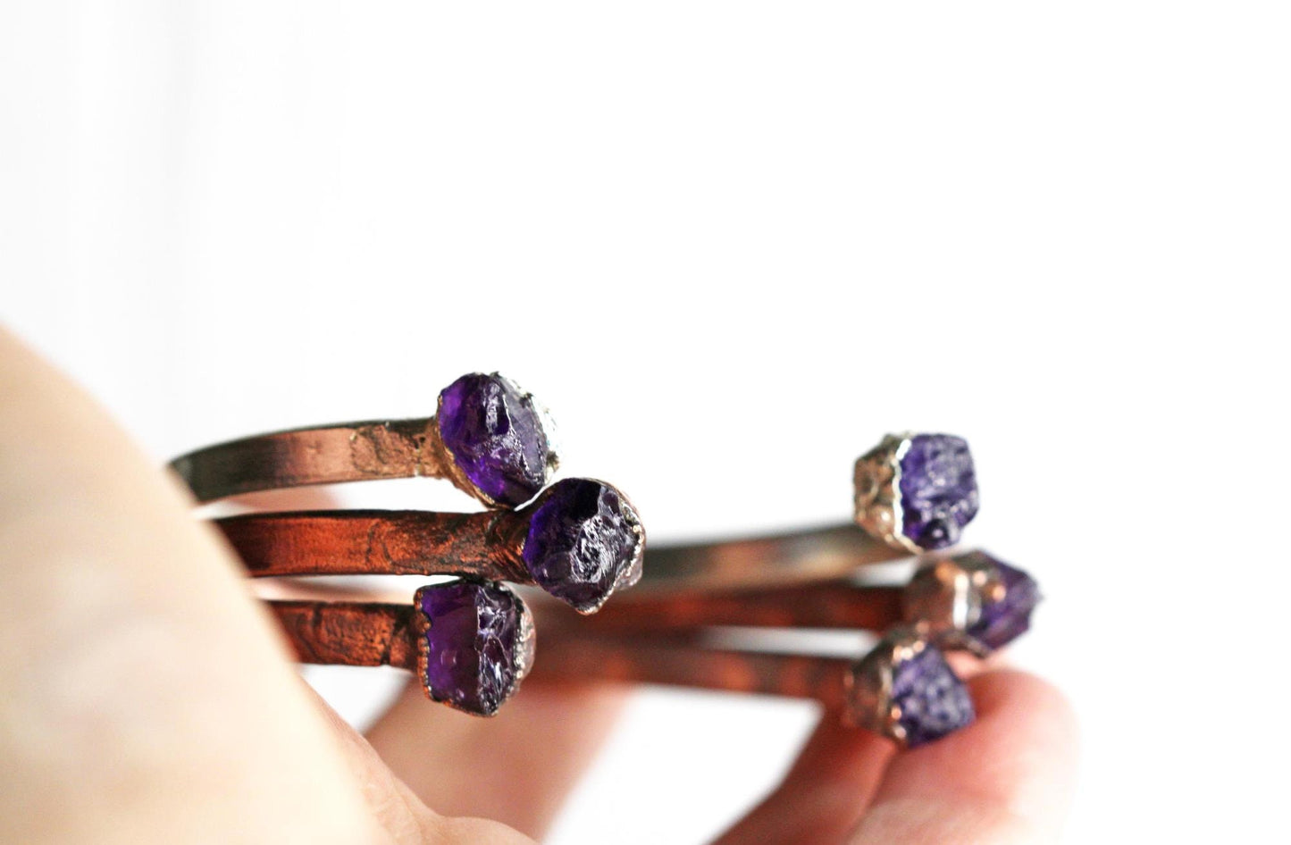Raw Amethyst Bracelet - February Birthstone - Open Copper Cuff - Raw Crystal Bracelet - Double Stone Bracelet