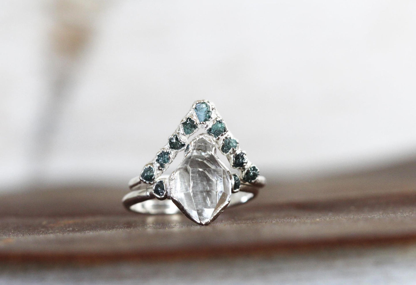 Raw Diamond Wedding Ring Set - Blue Diamond Engagement Ring - Herkimer Wedding Ring - Conflict Free Diamond Wedding Ring