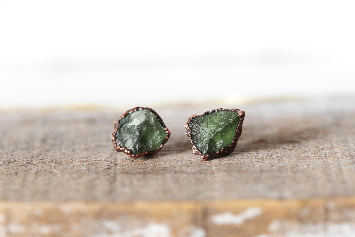 Moldavite Earrings - Sterling Silver Posts - Green Crystal Stud Earrings - Gold Moldavite Posts