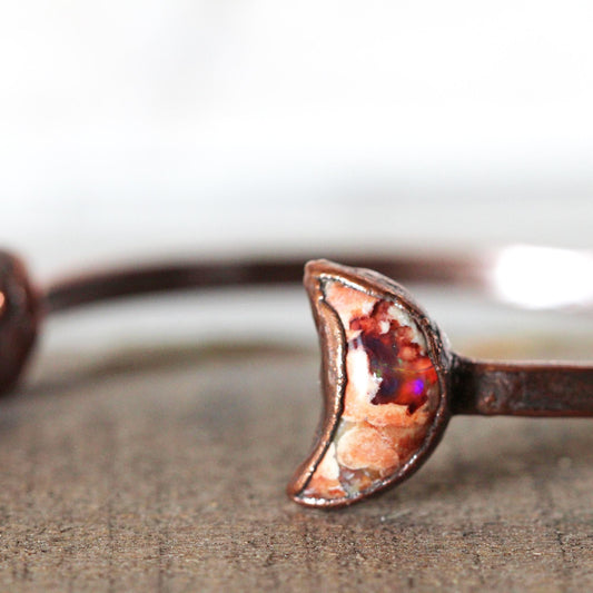 Mexican Opal Bracelet - Crescent Moon Cuff - Blue Apatite Bracelet