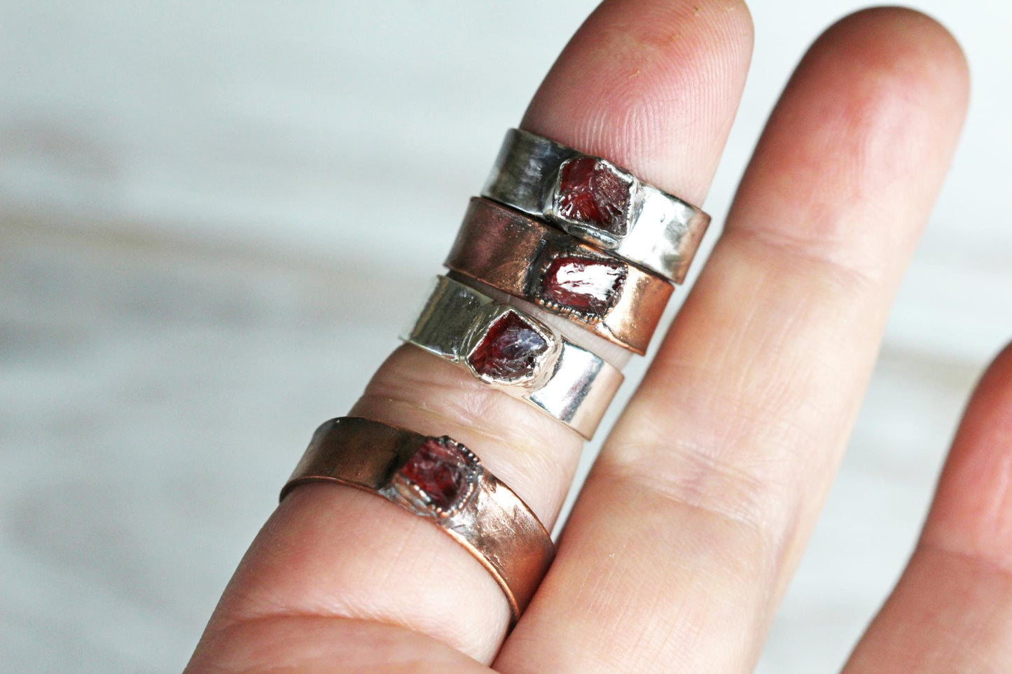 Raw Garnet Ring - Men's Jewelry - Wide Band Garnet Ring - January Birthstone