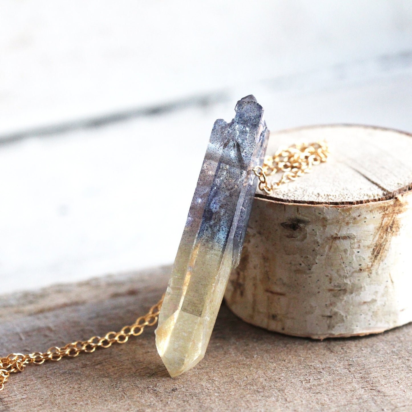 Aura Crystal Pendant - Sterling Silver Chain - Hybrid Quartz Necklace - Yellow Aura - Blue Aura Necklace