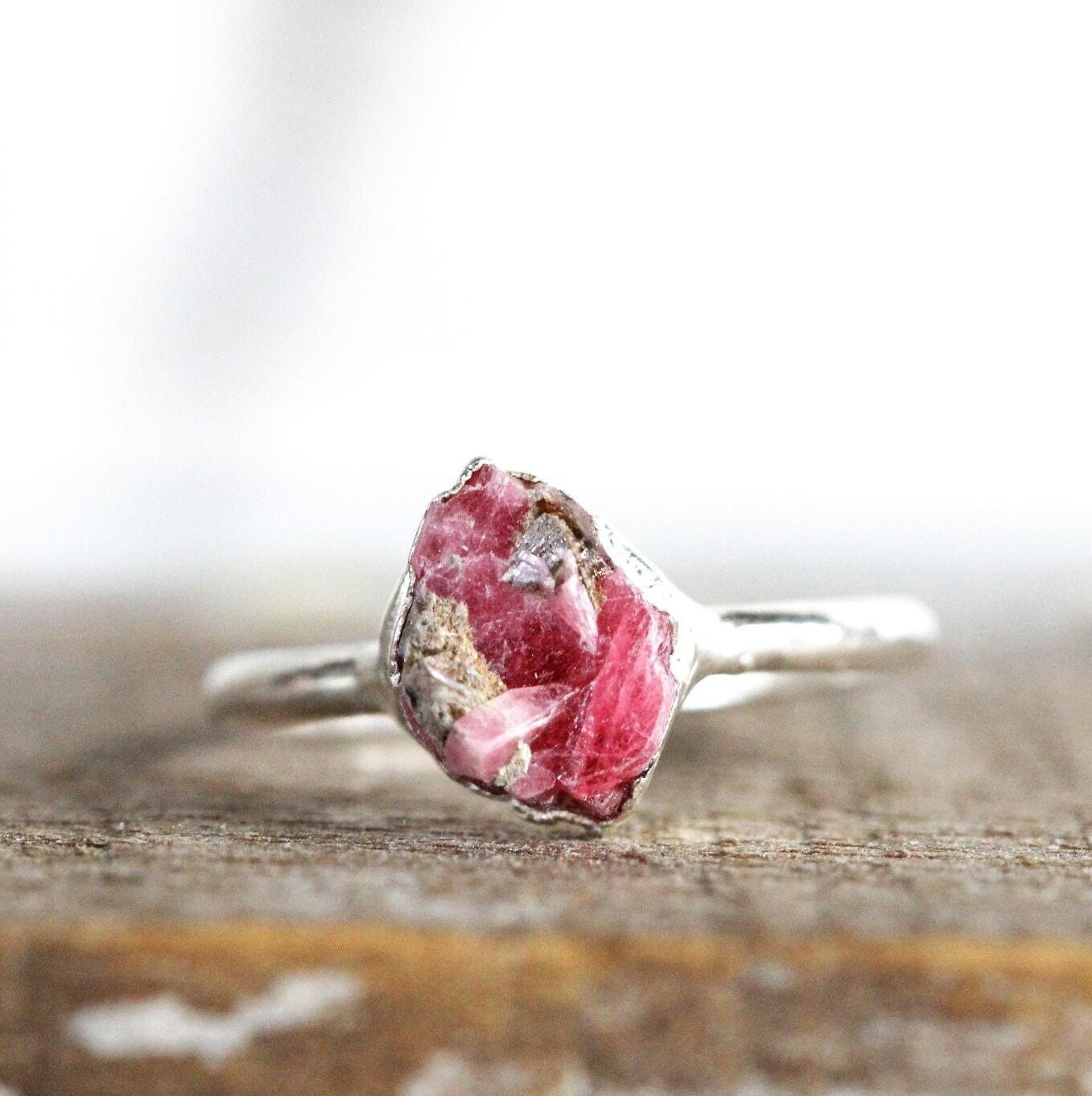 Rhodonite Ring - Raw Pink Crystal - Solitaire Ring - Electroformed Jewelry