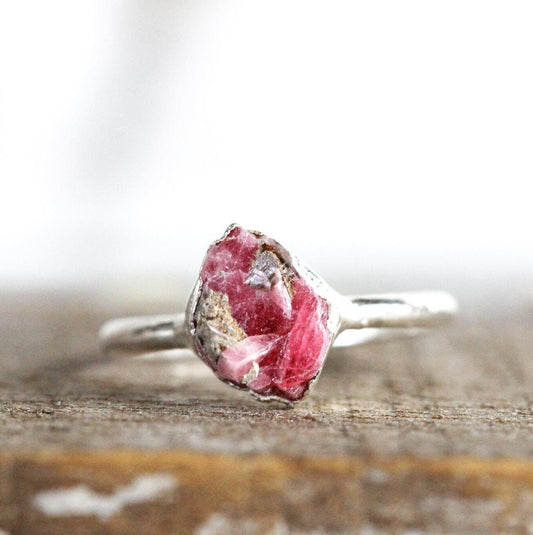 Rhodonite Ring - Raw Pink Crystal - Solitaire Ring - Electroformed Jewelry