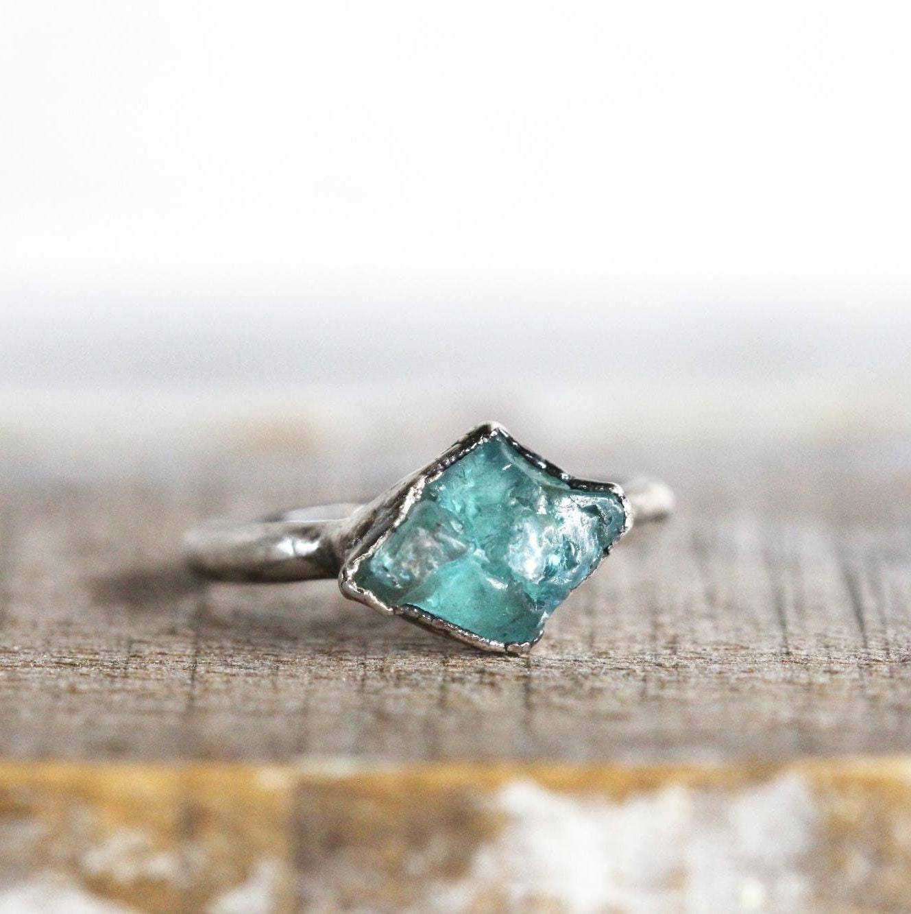 Raw Blue Apatite Ring - Crystal Ring - Electroformed