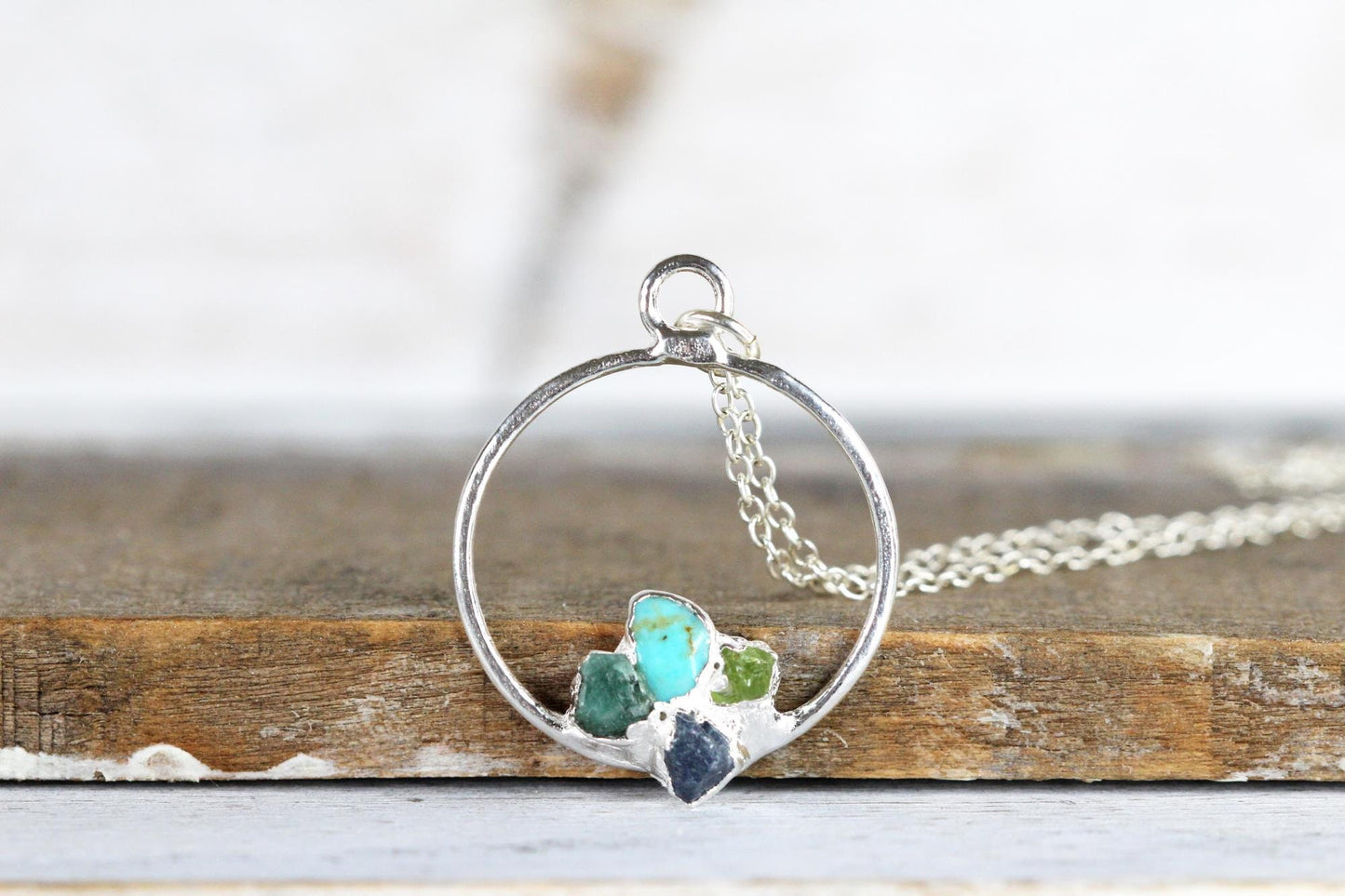Personalized Mothers Day Necklace - Circle Necklace - Raw Stone Cluster Pendant - Birthstone Necklace