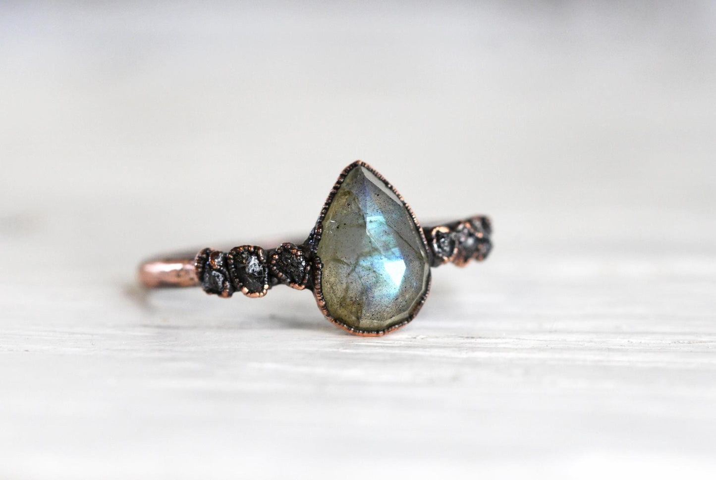 Labradorite Ring - Raw Diamond Promise Ring - March Birthstone