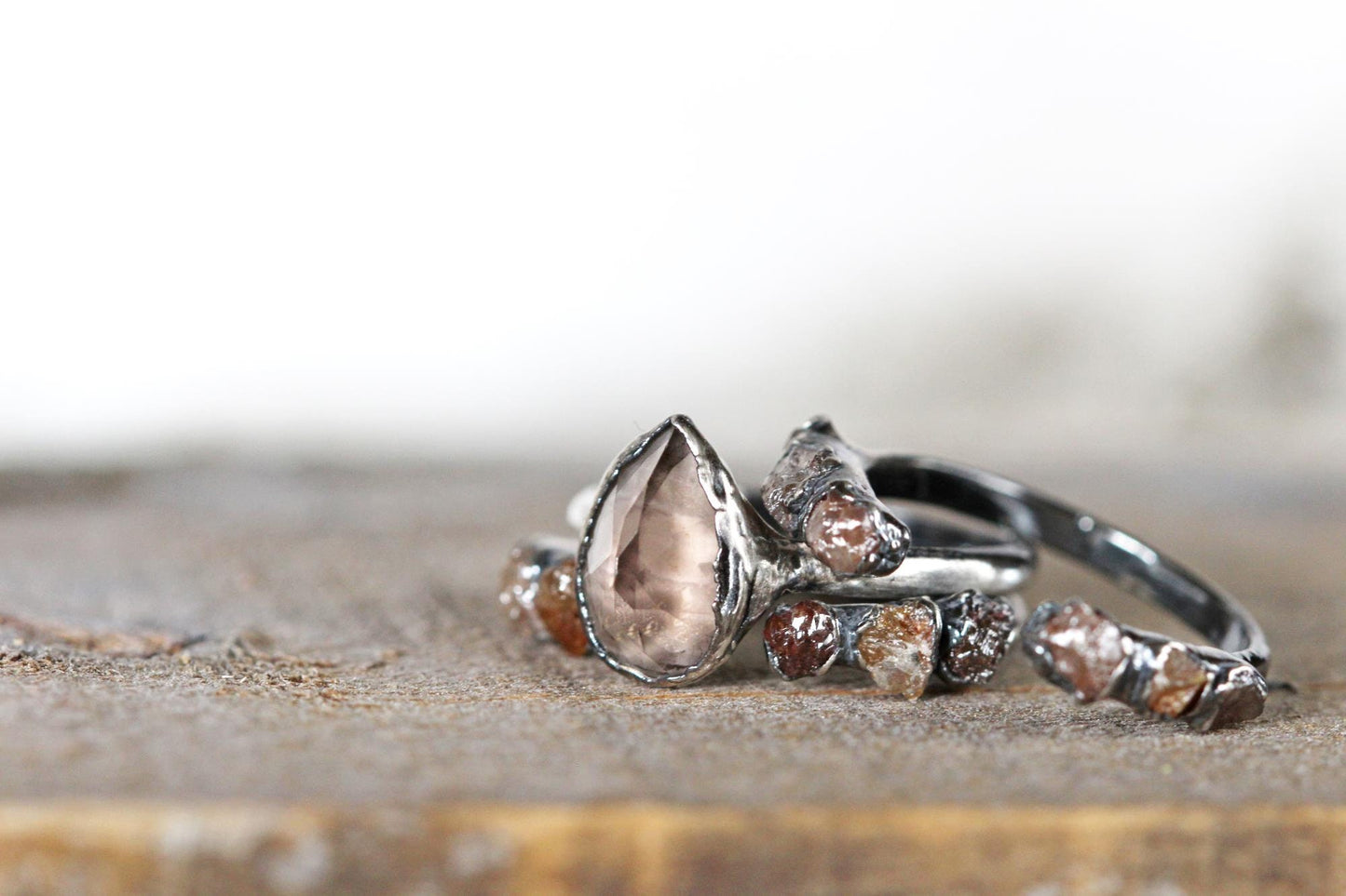 Raw Diamond Wedding Set - Engagement Set - Alternative Wedding Jewelry - Faceted Smoky Quartz Ring