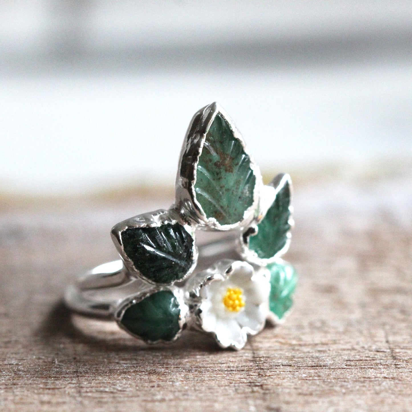 Emerald Wedding Ring Set - Floral Theme - Spring Wedding