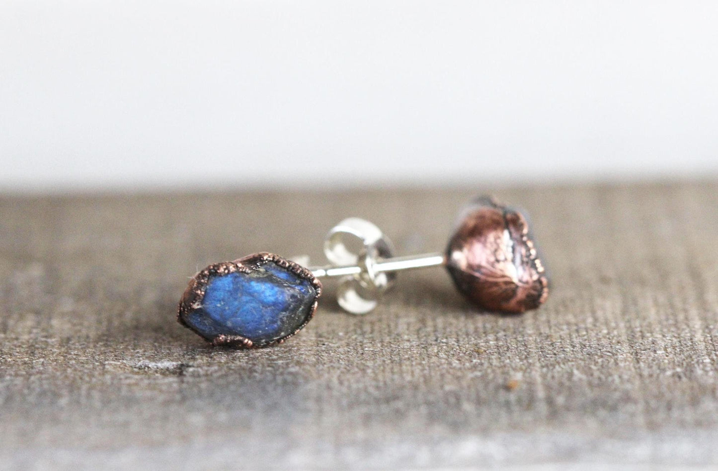 Raw Labradorite Studs - Labradorite Earrings - Raw Stone Copper Earrings
