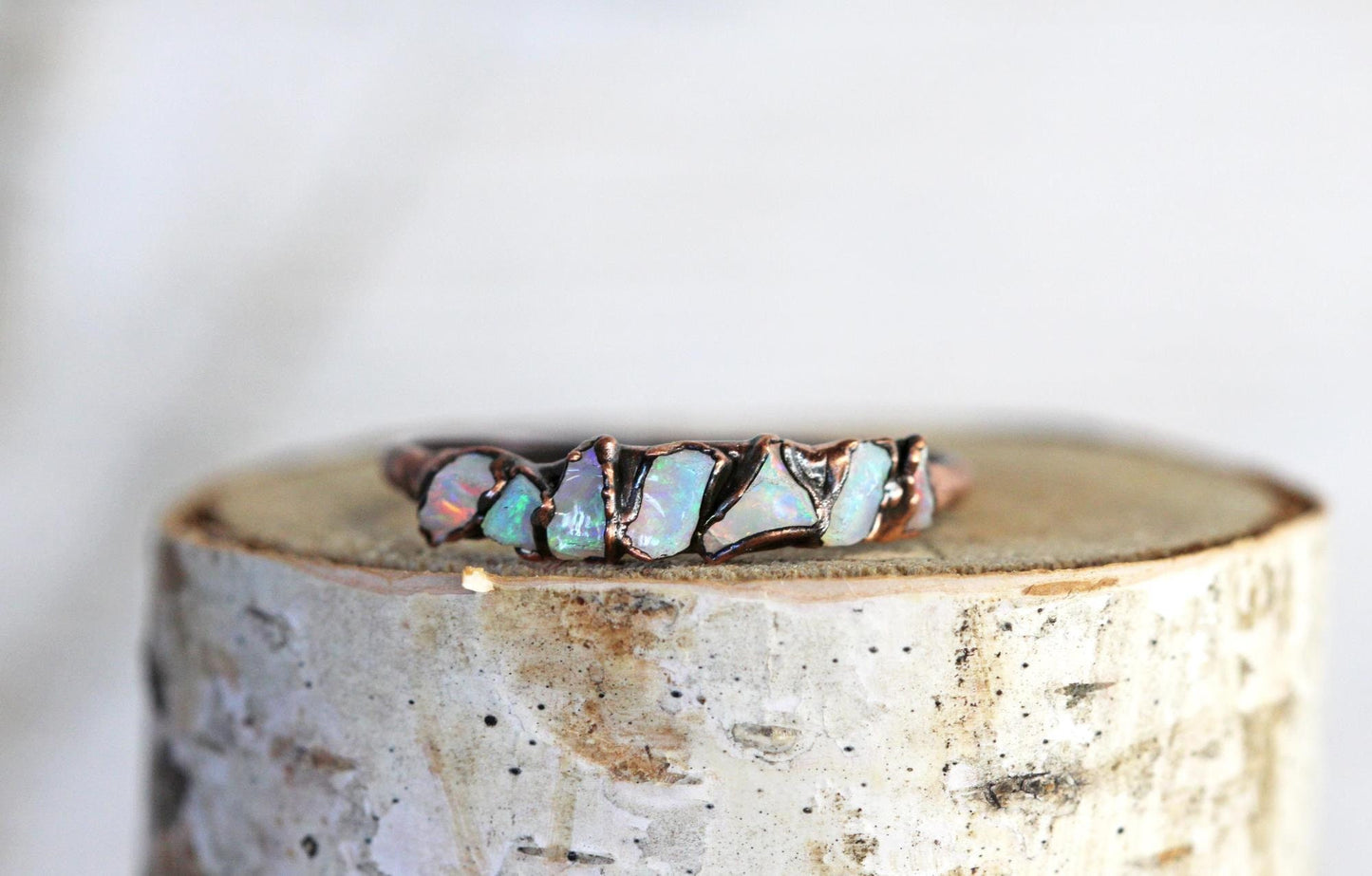 Australian Opal Ring - Multi Stone Ring - Raw Stone Stacking Ring - Yellow Gold