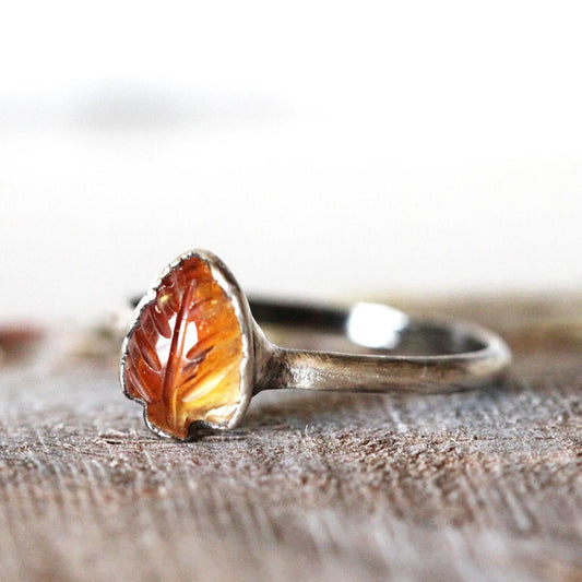 Citrine Leaf Ring - Carved Stone - Crystal Ring - November Birthstone Jewelry