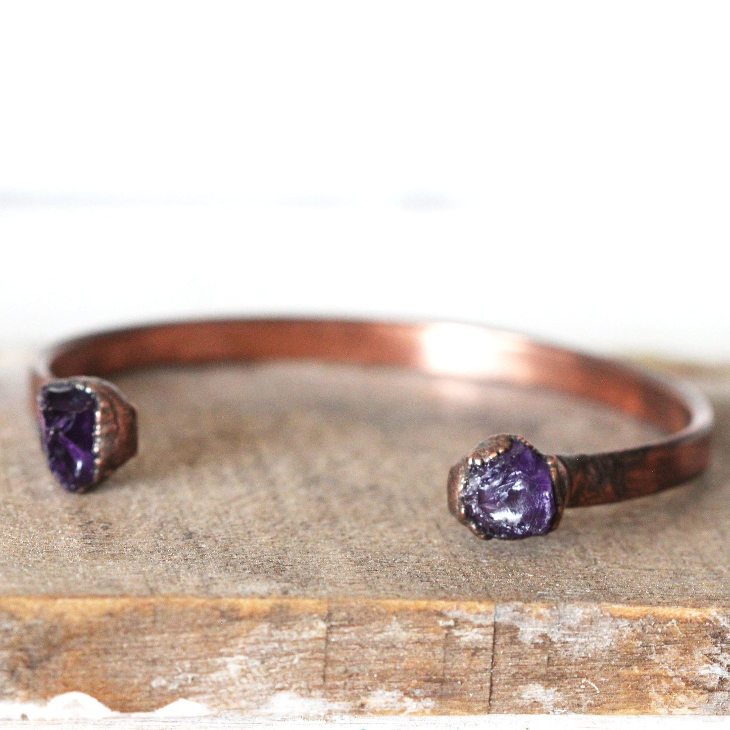Raw Amethyst Bracelet - February Birthstone - Open Copper Cuff - Raw Crystal Bracelet - Double Stone Bracelet