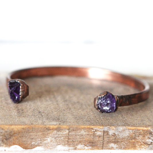 Raw Amethyst Bracelet - February Birthstone - Open Copper Cuff - Raw Crystal Bracelet - Double Stone Bracelet